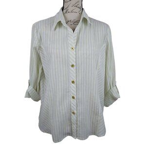 Drapers & Damons | Stripe Gauze Button Front Blouse Shirt Green White | Size LP